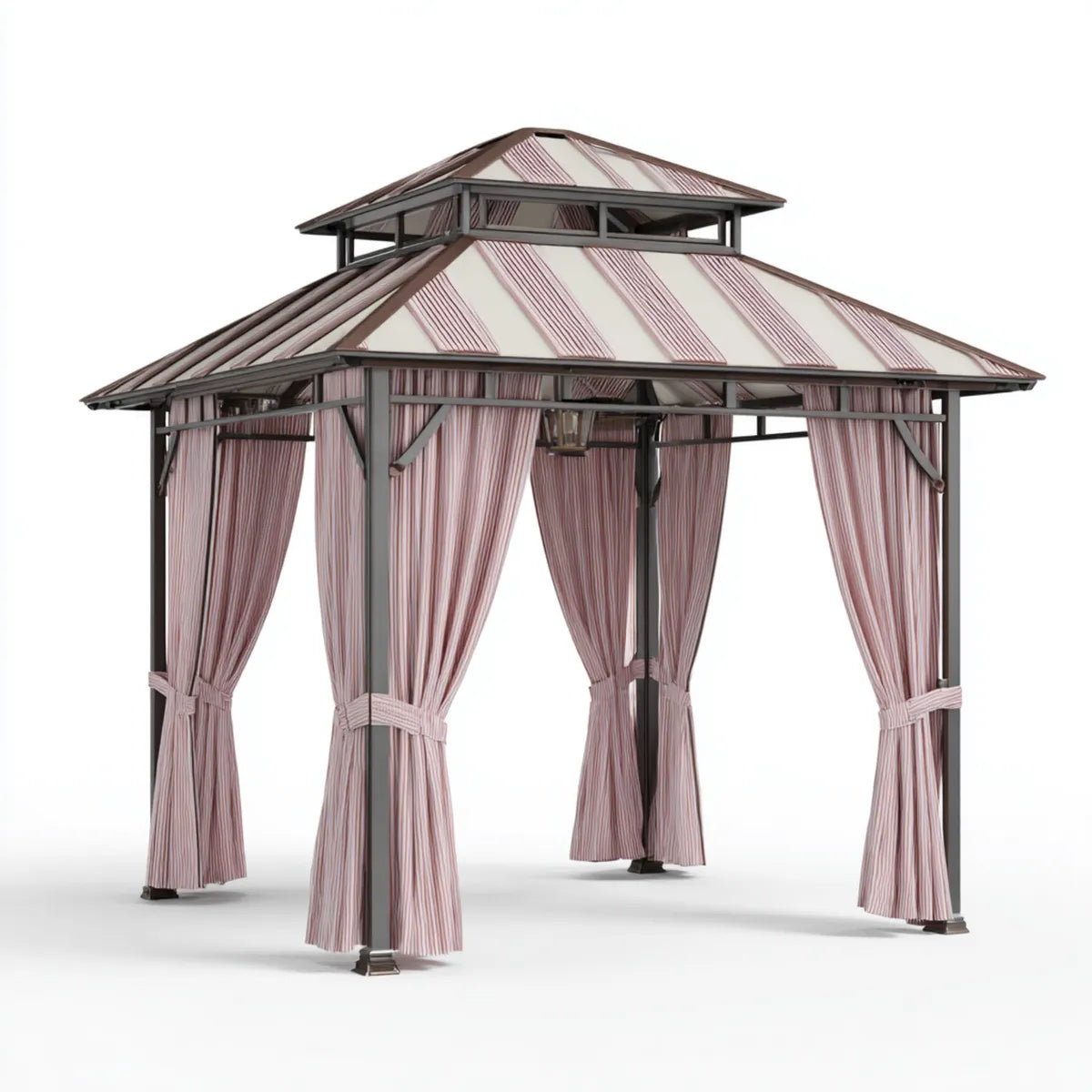 Altana lub pergola, Pawilon z podwójnym dachem i zasłony boczne Różowy biały 300 x 300 x 290 cm stalowy kwadrat poliestrowy