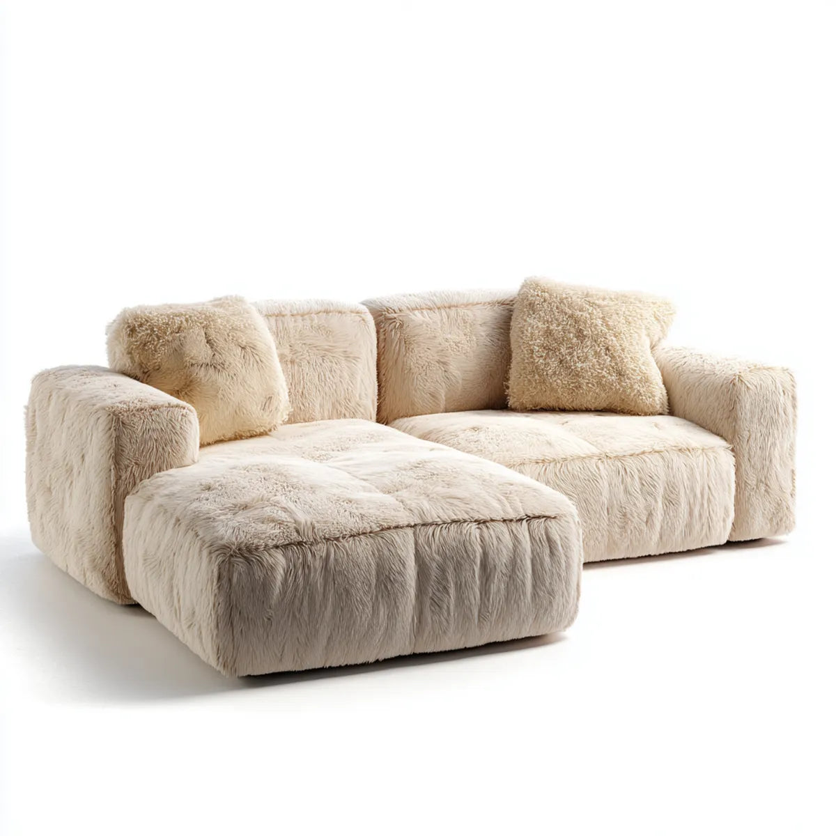 Sofa, Kanapa narożna 3 fotele z szewcem longi beżowe efekt futro poliestrowe 250 x 165 x 78 cm