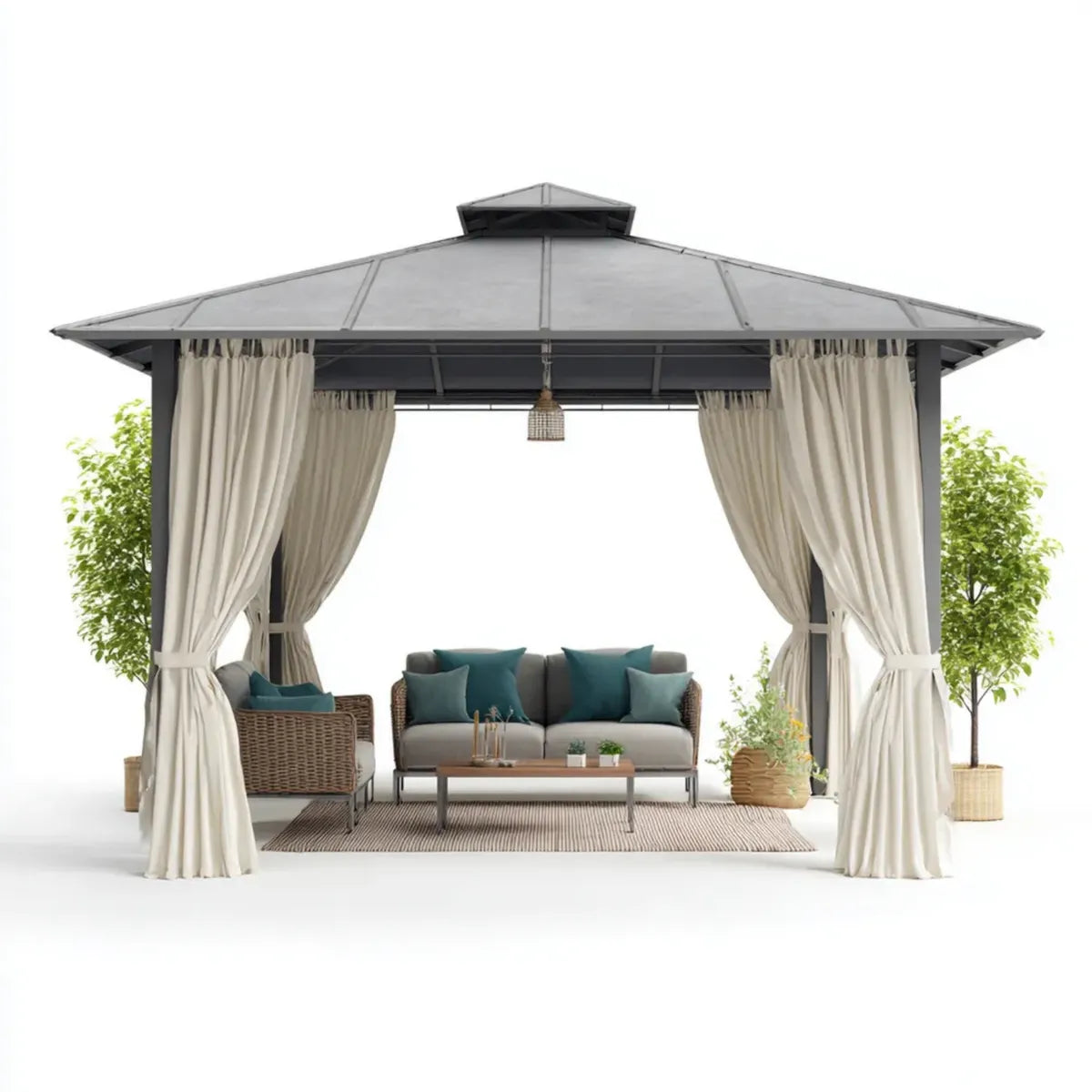 Altana lub pergola, Pawilon ogrodowy z zasłonami Szary krem 300 x 300 x 280 cm stal poliestrowa kwadrat