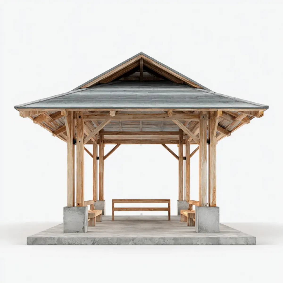 Altana lub pergola, Pawilon ogrodowy wykonany z drewna sosnowego z szarym dachem stalowym 400 x 400 x 350 cm
