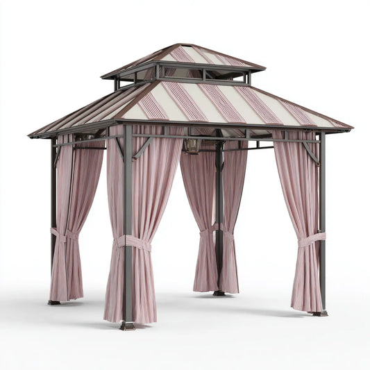 Altana lub pergola, Pawilon z podwójnym dachem i zasłony boczne Różowy biały 300 x 300 x 290 cm stalowy kwadrat poliestrowy