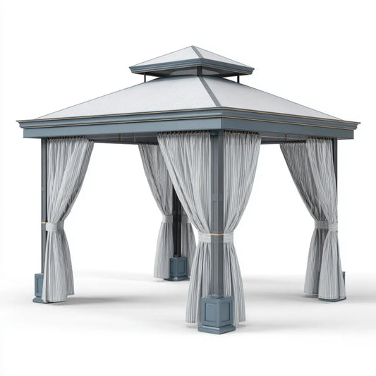 Altana lub pergola, Pawilon stalowy z firankami Szary niebieski jasnoszary 300 x 300 x 290 cm kwadratowych