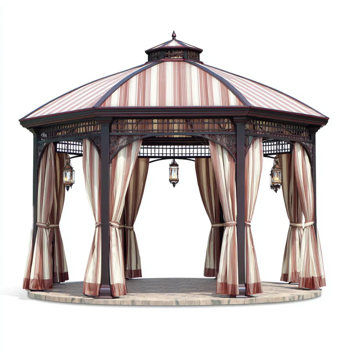 Altana lub pergola, Oktagonalny pawilon ogrodowy Beige Weinrot Dark Brązowy 400 x 400 x 320 cm wykonany ze stali pokrytej proszkiem i poliestru