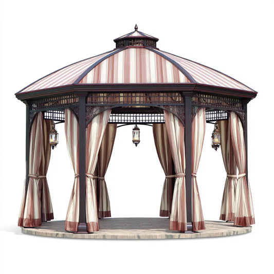 Altana lub pergola, Oktagonalny pawilon ogrodowy Beige Weinrot Dark Brązowy 400 x 400 x 320 cm wykonany ze stali pokrytej proszkiem i poliestru