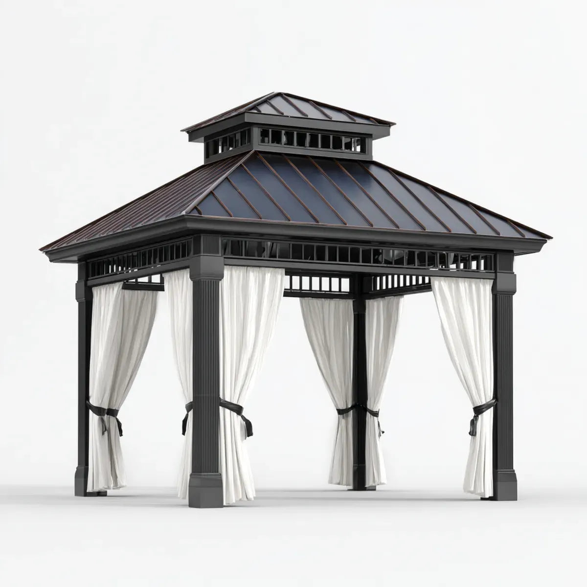 Altana lub pergola, Pawilon ogrodowy Pawilon Hardtop Czarny Biały 300 x 300 x 295 cm aluminium stalowy kwadrat z zasłonami