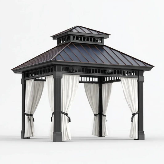 Altana lub pergola, Pawilon ogrodowy Pawilon Hardtop Czarny Biały 300 x 300 x 295 cm aluminium stalowy kwadrat z zasłonami