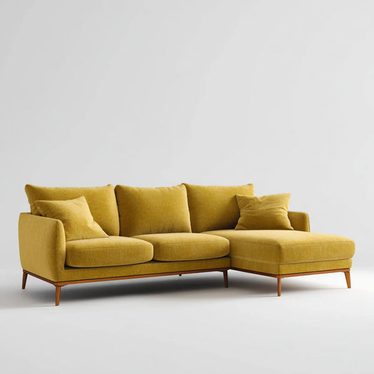 Sofa, Kanapa narożna z krzesełkową musztardą żółtą 250 x 160 x 85 cm w poliestrze L