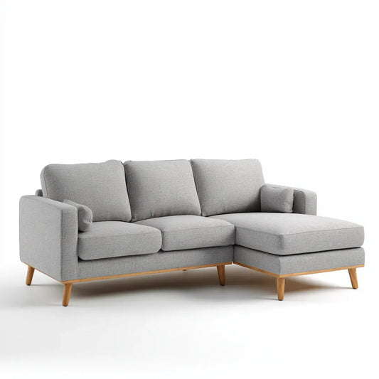 Sofa, Kanapa narożna 3 jasnoszare miejsca do 220 x 145 x 85 cm w poliestrze z litymi nogami bukowymi
