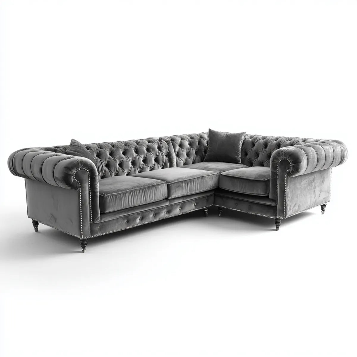 Sofa, Chesterfield szara kanapa kątowa w poliestrowym aksamicie 280 x 220 x 75 cm