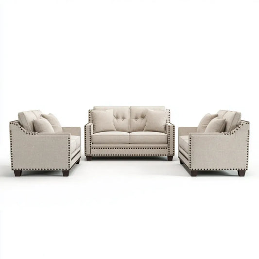 Sofa, Zestaw sof 3 kawałki beżu z sofą 2 fotele i 2 fotele w poliestrze 184 x 86 x 91 cm