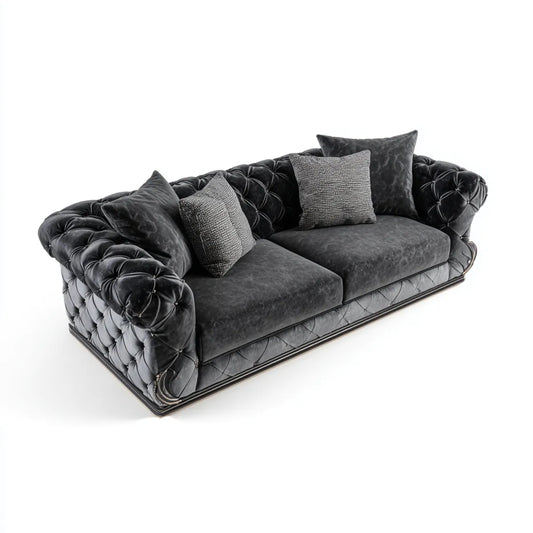 Sofa, Kanapa Chesterfield 3 fotele czarne 230 x 100 x 78 cm w prostokątnym aksamicie poliestrowym