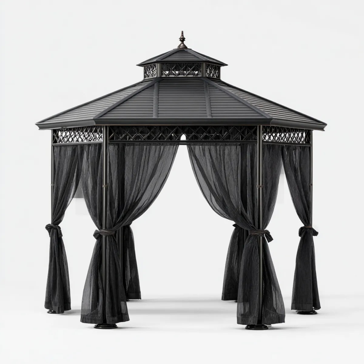 Altana lub pergola, Pawilon ogrodowy z zasłonami Czarny 300 x 300 x 300 cm Stalowy plac poliestrowy