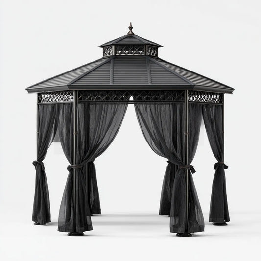 Altana lub pergola, Pawilon ogrodowy z zasłonami Czarny 300 x 300 x 300 cm Stalowy plac poliestrowy