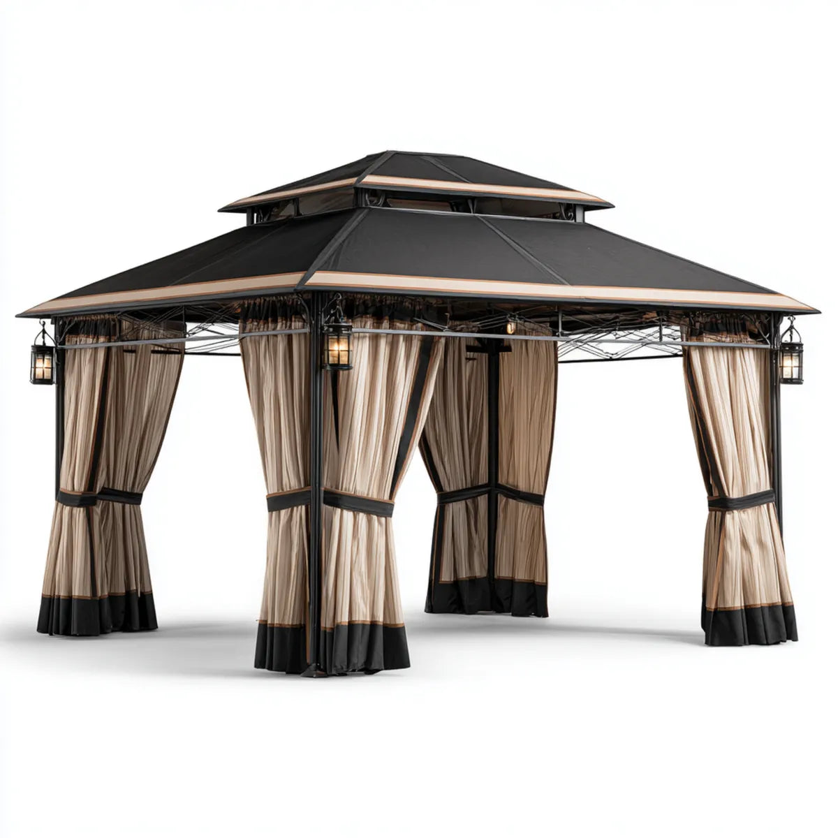 Altana lub pergola, Pawilon z podwójnym dachem i zasłony boczne czarny beżowy 300 x 300 x 290 cm stalowy kwadrat poliestrowy