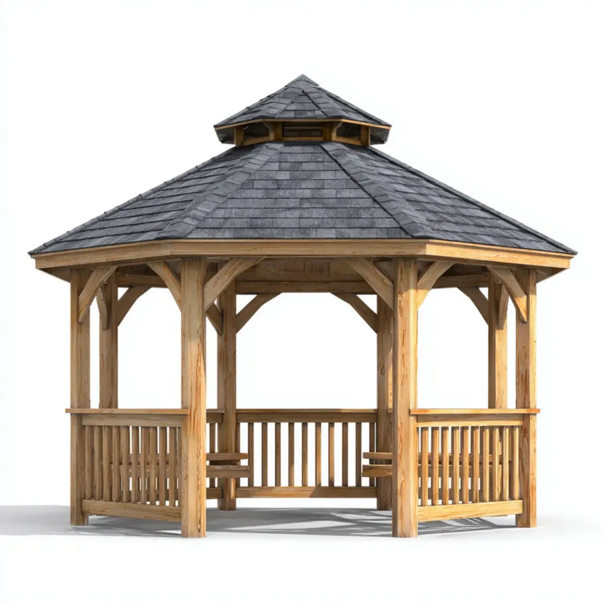 Altana lub pergola, Pawilon ogrodowy ośmiokątne drewno naturalne 360 x 360 x 350 cm z szarym dachem z gontem