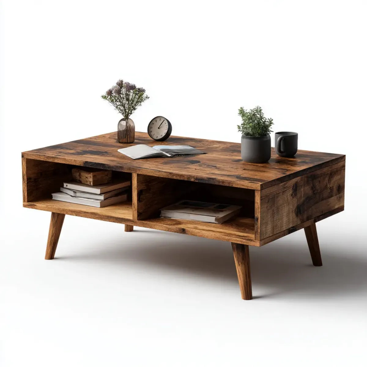 Stolik kawowy, Brązowy prostokątny stół z litego drewna mango z magazynem 110 x 60 x 45 cm