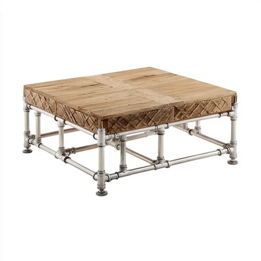 Stolik kawowy, Plac brązowy i srebrny stolik do kawy 100 x 100 x 45 cm w litym drewnie i stali