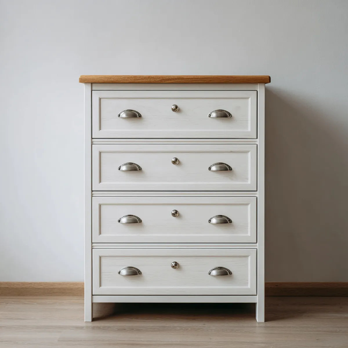 Komoda, Boxer 4 białe i naturalne szuflady 80 x 42 x 100 cm w MDF i prostokątna sosna stała