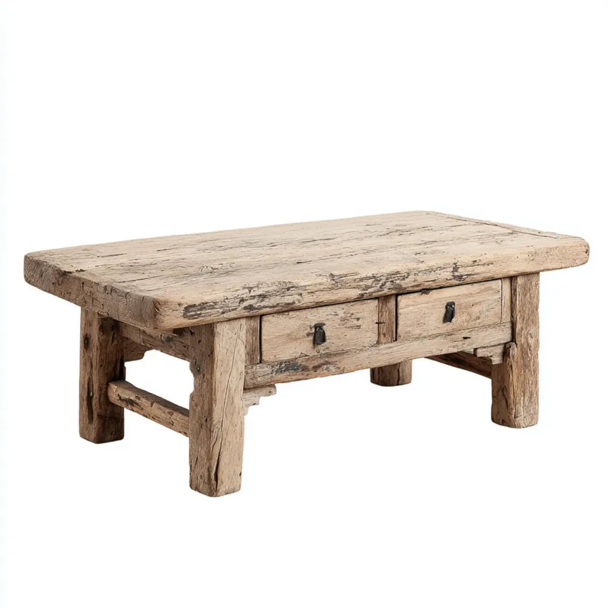 Stolik kawowy, Prostokątny 2 szuflada beżowy stolik do kawy 120 x 60 x 45 cm w drewnie litym z recyklingu