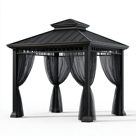 Altana lub pergola, Pawilon ogrodowy Czarny 300 x 300 x 310 cm Aluminiowy stół ze stali kwadratowej z zasłonami
