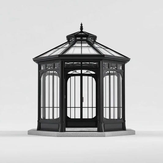 Altana lub pergola, Pawilon ogrodowy czarny 300 x 300 x 350 cm aluminium bezpieczne szkło sześciokąt