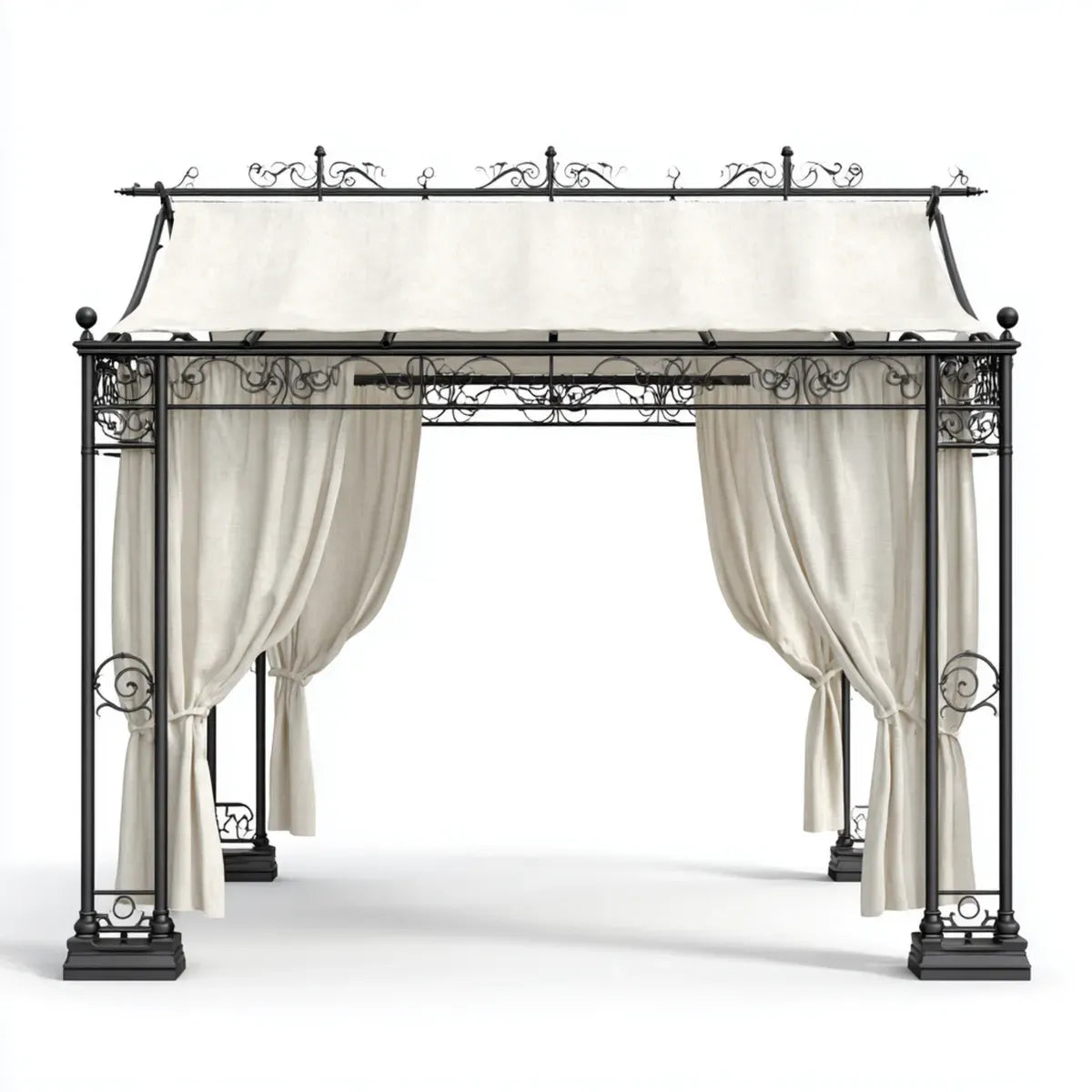 Altana lub pergola, Pawilon ogrodowy z dachem i zasłonami krem czarny 300 x 300 x 300 cm stal poliestrowa kwadrat