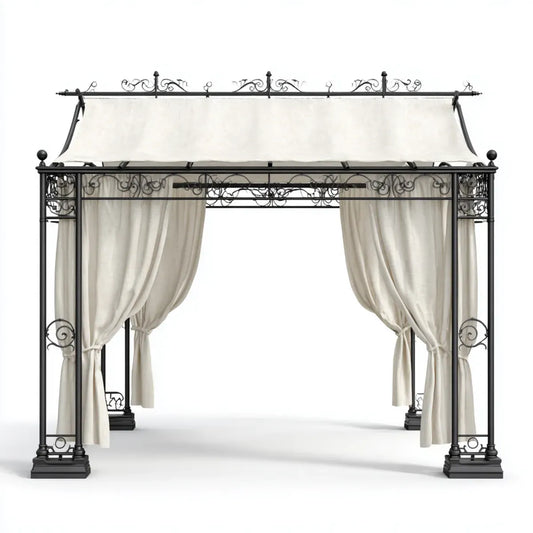 Altana lub pergola, Pawilon ogrodowy z dachem i zasłonami krem czarny 300 x 300 x 300 cm stal poliestrowa kwadrat