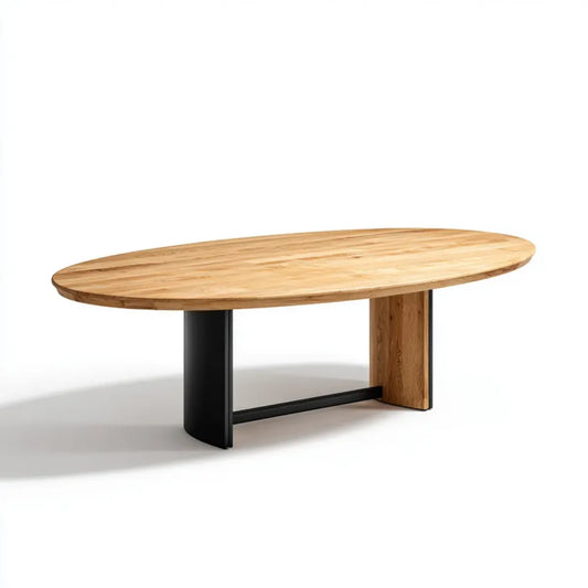 Stół do jadalni, Owalny stół jadalny naturalny dąb czarny 180 x 90 x 75 cm lity dąb górny stalowy podstawa