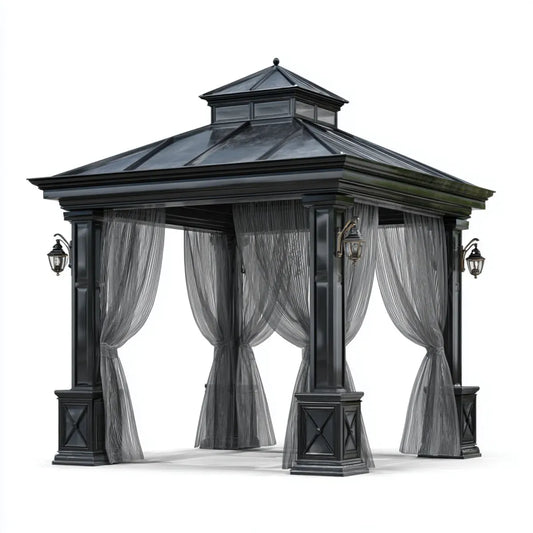 Altana lub pergola, Pawilon z zasłonami Czarny 300 x 300 x 320 cm Stół stalowy