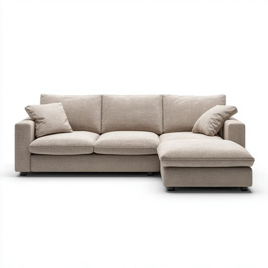 Sofa, Kanapa narożna z szewcem z prawej beżowej 260 x 160 x 85 cm poliestrowej powłoki w L