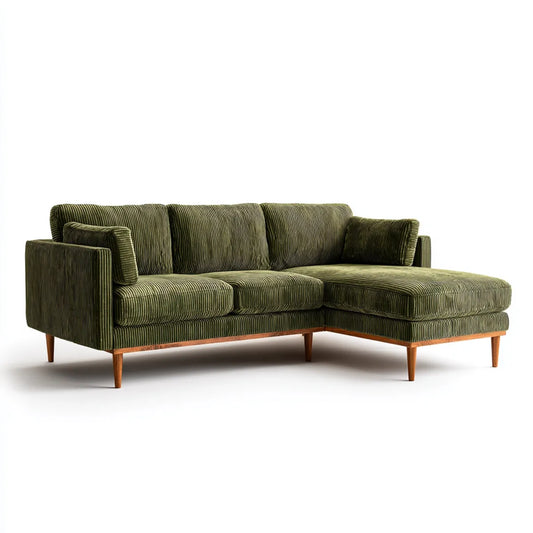 Sofa, Rożna sofa 3 zielone miejsca oliwne w aksamicie na żeberka poliestrowe z krzesełkiem z prawej strony 240 x 150 x 85 cm