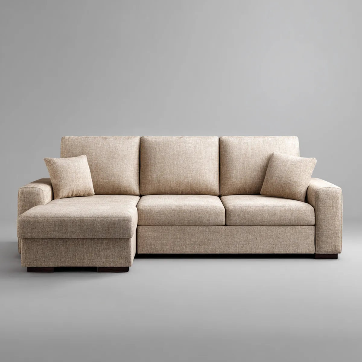 Sofa, Kanapa narożna 3 fotele z szewcem z beżowym poliestrem 245 x 155 x 85 cm