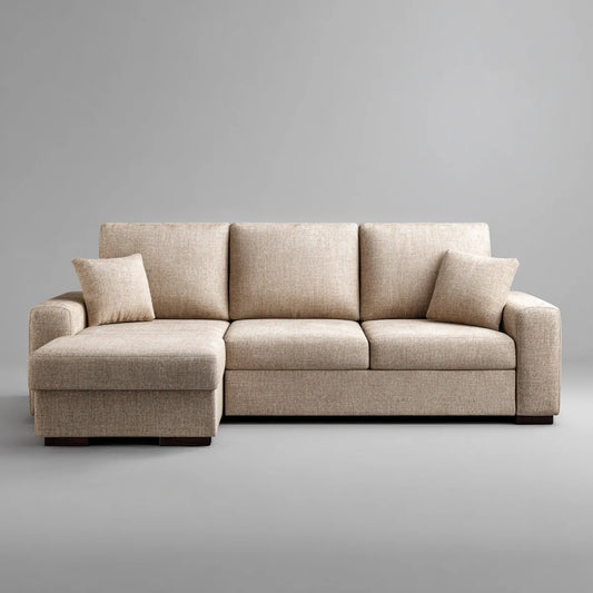 Sofa, Kanapa narożna 3 fotele z szewcem z beżowym poliestrem 245 x 155 x 85 cm