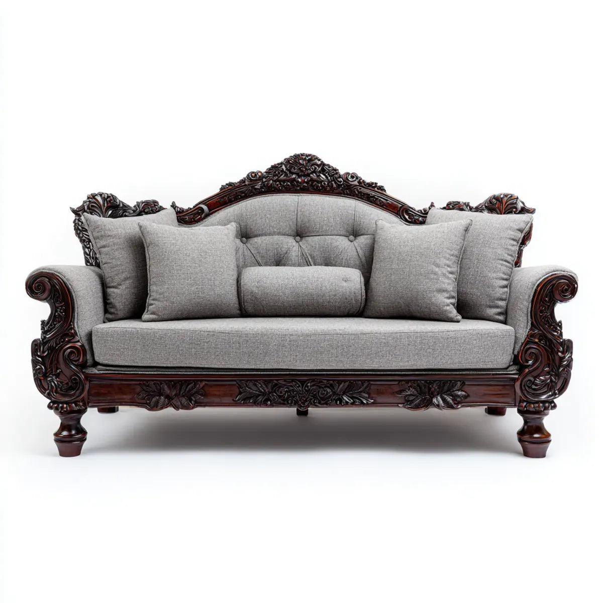 Sofa, Klasyczna, szara i ciemnobrązowa sofa w poliestrze i litym drewnie o profilu zakrzywionym 220 x 95 x 110 cm