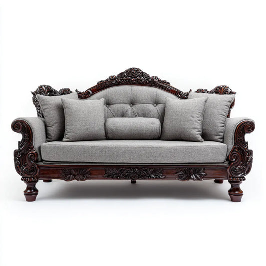 Sofa, Klasyczna, szara i ciemnobrązowa sofa w poliestrze i litym drewnie o profilu zakrzywionym 220 x 95 x 110 cm