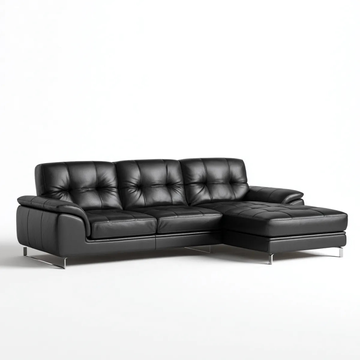 Sofa, Kanapa narożna 3 fotele z krzesełkiem z prawej czarnej skóry syntetycznej PU 260 x 165 x 85 cm
