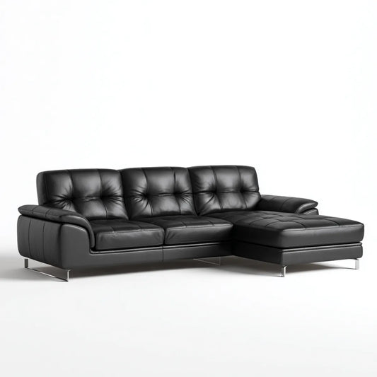 Sofa, Kanapa narożna 3 fotele z krzesełkiem z prawej czarnej skóry syntetycznej PU 260 x 165 x 85 cm