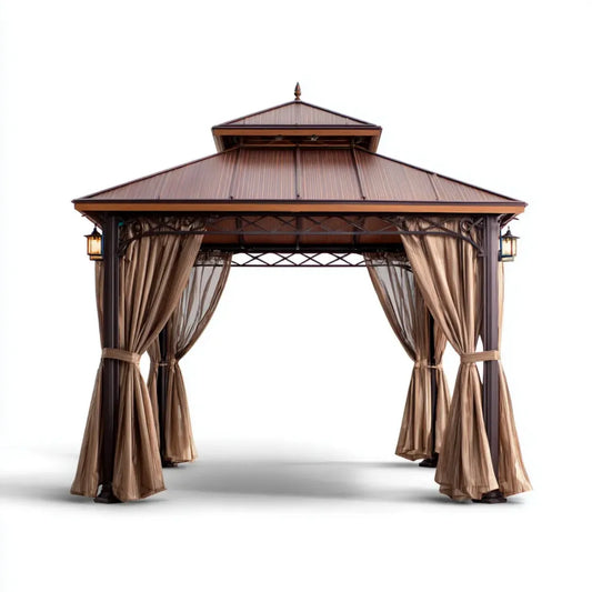 Altana lub pergola, Pawilon ogrodowy Brązowy Beige 300 x 300 x 290 cm ze stali pokrytej proszkiem z poliestrowymi częściami bocznymi kwadratowymi