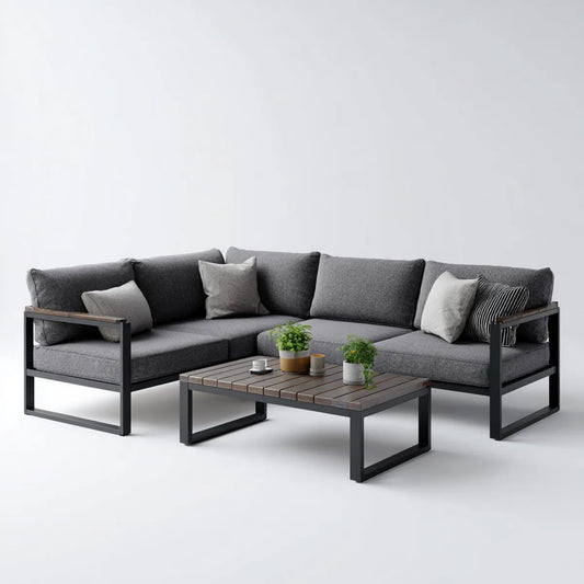 Sofa ogrodowa, Taras Loungeset antracyt brązowy wykonany ze stali pokrytej proszkiem i WPC w kształcie litery 250 x 190 x 75 cm ze stołem do kawy