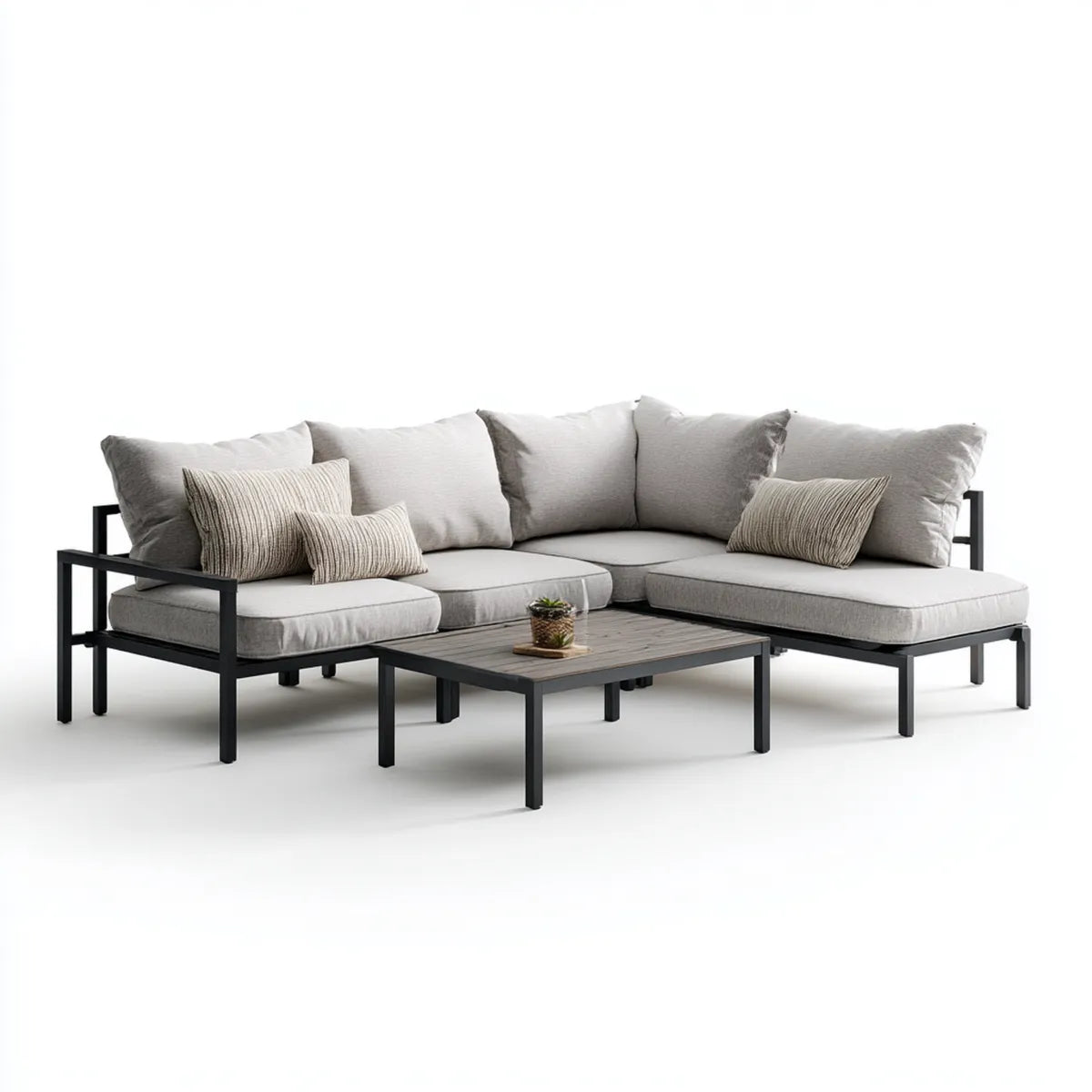 Sofa ogrodowa, Taras z lakierem jasnoszarym z narożną sofą i stołem do kawy ze stali proszkowo-pokrytej 240 x 240 x 75 cm