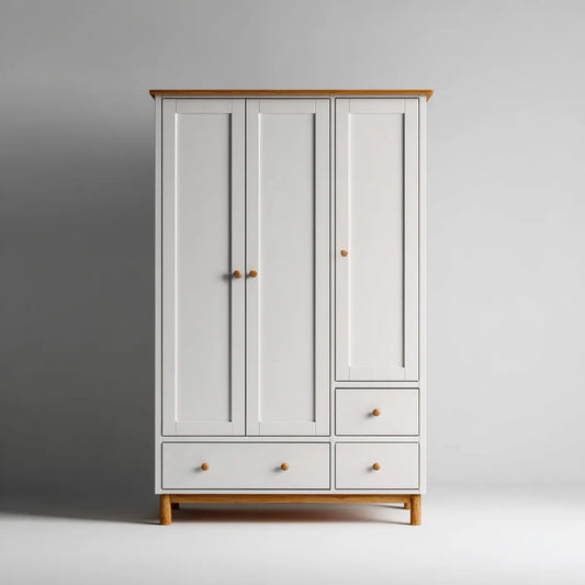 Szafa biała 120 x 55 x 200 cm z MDF i drewna sosnowego z 3 drzwiami 3 szuflady prostokątne