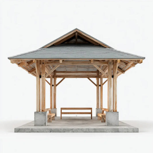 Altana lub pergola, Pawilon ogrodowy wykonany z drewna sosnowego z szarym dachem stalowym 400 x 400 x 350 cm