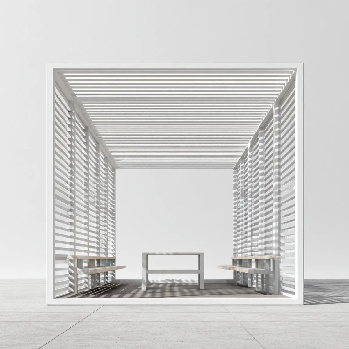 Altana lub pergola, Pawilon z dachem lamelarnym i ławki siedzenia biały 300 x 300 x 230 cm aluminium prostokątny