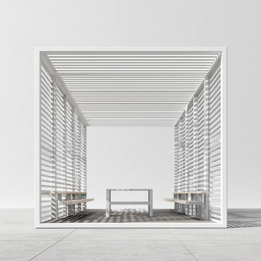 Altana lub pergola, Pawilon z dachem lamelarnym i ławki siedzenia biały 300 x 300 x 230 cm aluminium prostokątny