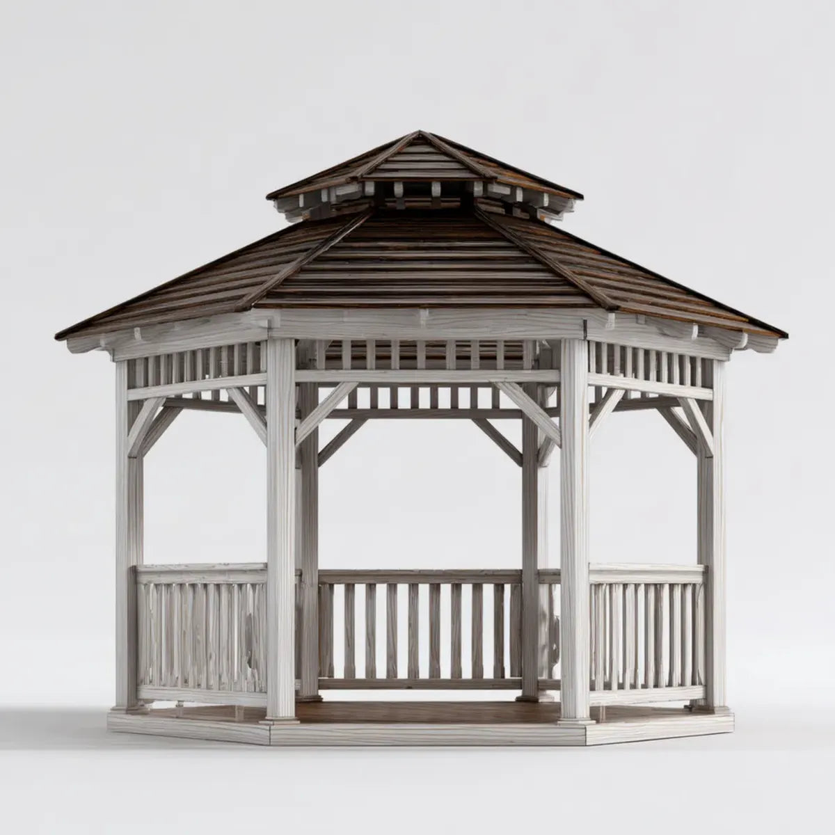 Altana lub pergola, Pawilon ogrodowy wykonany oktagonistycznie z litego drewna sosnowego Szary biały 360 x 360 x 320 cm z drewnianym dachem gontem