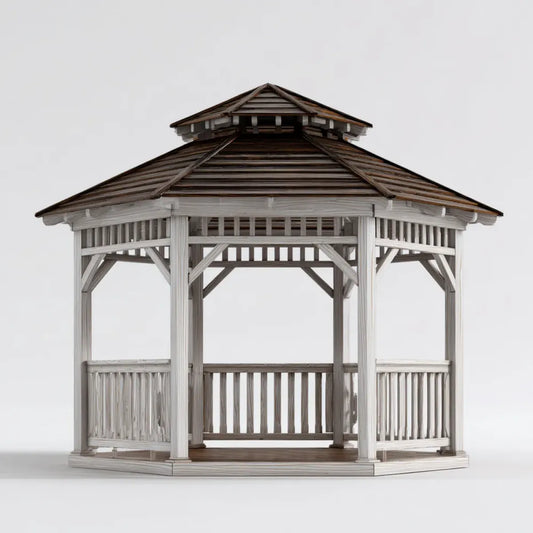 Altana lub pergola, Pawilon ogrodowy wykonany oktagonistycznie z litego drewna sosnowego Szary biały 360 x 360 x 320 cm z drewnianym dachem gontem